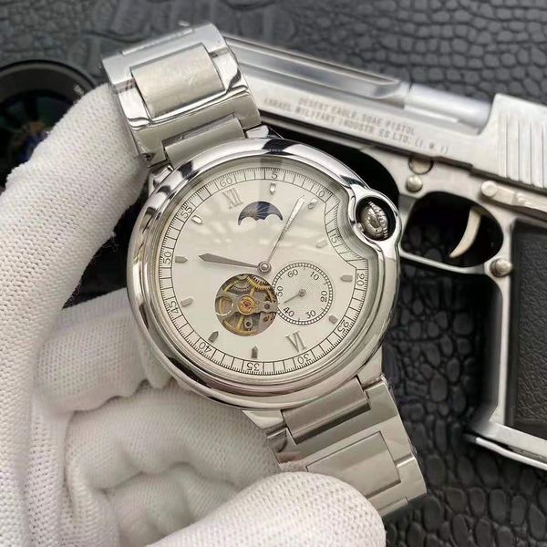 

2019 new 2-pin semi hollow multi-functional tourbillon men's mechanical watch coated glass 316 stainless steel case, Slivery;brown