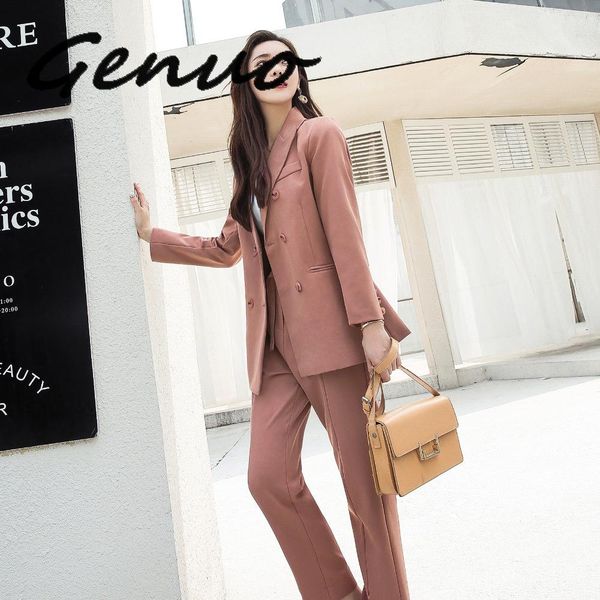 

genuo new women's office lady two pieces solid elegant double breasted turn-down collar blazers trouesrs with sashes new suits, White;black
