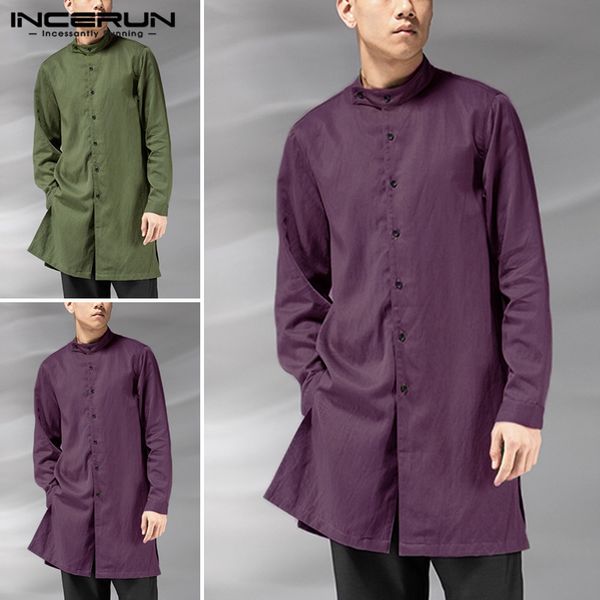 

incerun 2019 fashion men solid long sleeve muslim kaftan long shirt casual joker retro comfort cotton button mens blouse autumn, White;black