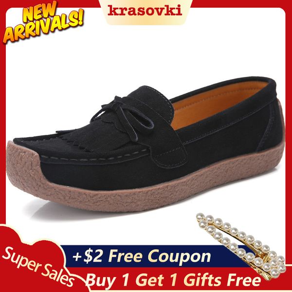 

krasovki single shoes women spring autumn leather flat bottom tassel snail shoes slip on large size dropshipping women, Black