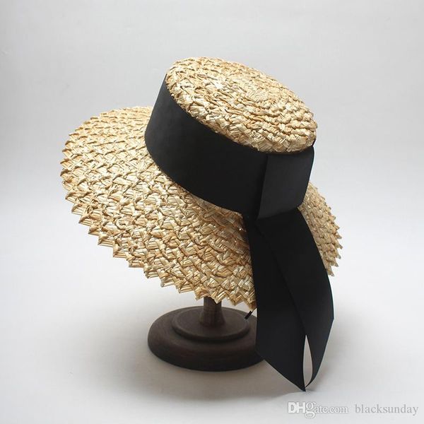 

ins women straw caps fashionh wide brim hats with black ribbon summer beach sun hats outdoor travel hats, Blue;gray
