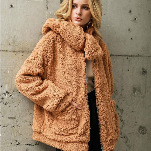 

faux fur jacket imitation fur plush loose velvet coat hairy hipsters bomber detachable collar winter oversize flocking cardigan, Black