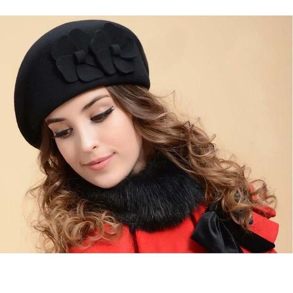 

2018 new woolen caps women fedoras felt hats,double flowers fashion tam,in winter,autumn, Blue;gray