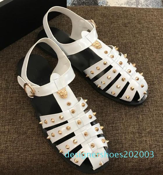 

orignal box new hiphop tiger mens rivet flat heels casual sandals genuine leather party beach cool slipper shoes 38-45 d03, Black