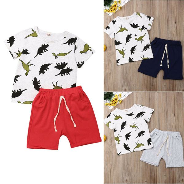 

toddlers kids baby boys 2pcs clothes dinosaur print outfits short sleeve t-shirt short solid pants clothes set, White