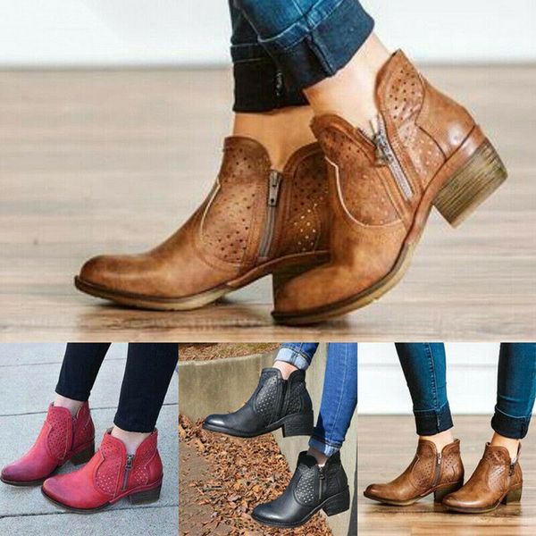 

women ankle boots low chunky heel side zipper travel leather shoes bb55, Black