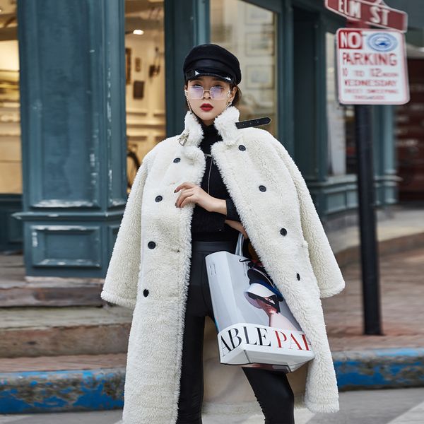

motorcycle style lalambswool mid-length female overcoat chic warm solid color winter clothing loose big size women coat, Black