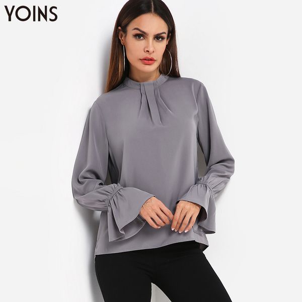 

yoins elegant crew neck bell sleeve curved hem blouse women stylish shirt button keyhole back casual chic blusas autumn, White