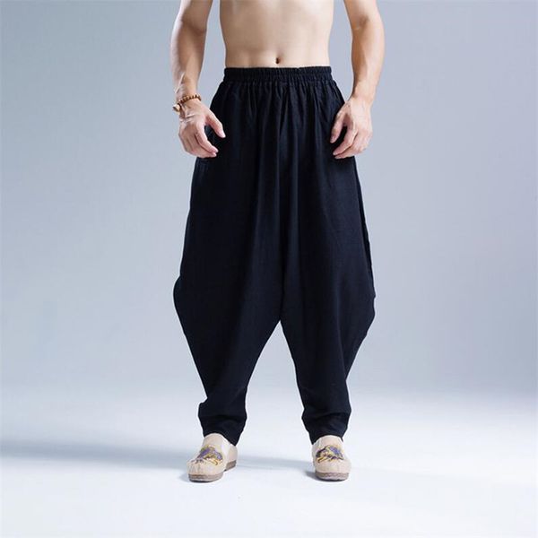 

men's pants 2021 harem man elastic high waist casual cotton linen lantem trousers pantalon for men, Black