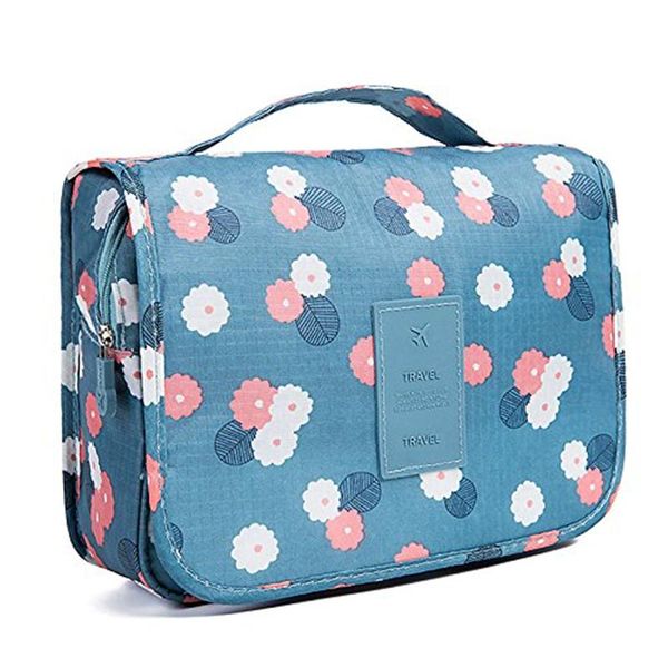 

designer-toiletry bag multifunction cosmetic bag portable makeup pouch waterproof travel hanging organizer bag for women girls blue flowers