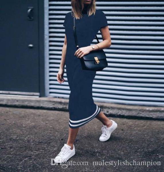 

striped printed designer womens dresses short sleeve long casual womens dresses sleeve sheath ladies dress, Black;gray