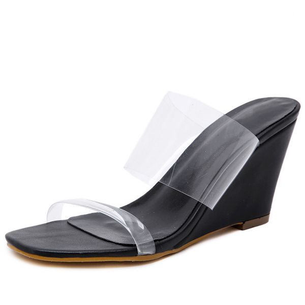 

ymechic 2020 summer fashion 2 colors outdoor transparent crystal women's slippers wedge high heel beach wedge sandals shoes, Black