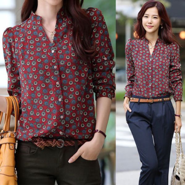 

women's chiffon long sleeve office lady career stand collar t shirt, White