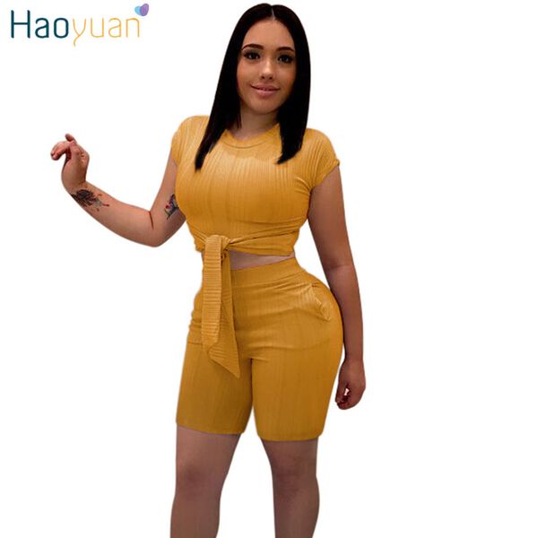 

haoyuan 2019 2 piece set summer clothes for women bandage crop and biker shorts sweat suit club two piece matching sets, White