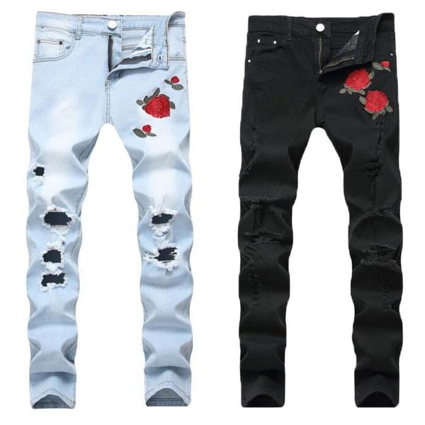 

luxury rose embroidered jeans new designer men jeans famous brand slim fit mens printed jeans biker denim pants, Blue