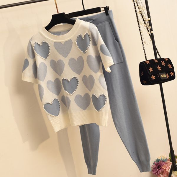 

women knit 2 outfits love heart short sleeve o-neck + lace up waist ankle harem pants 2020 new two piece set, White