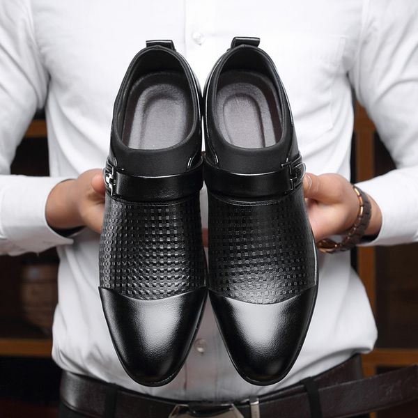 

fashion pu leather shoes men plus size 45-48 plaid slip on classic formal shoes man rubber buckle strap office male, Black