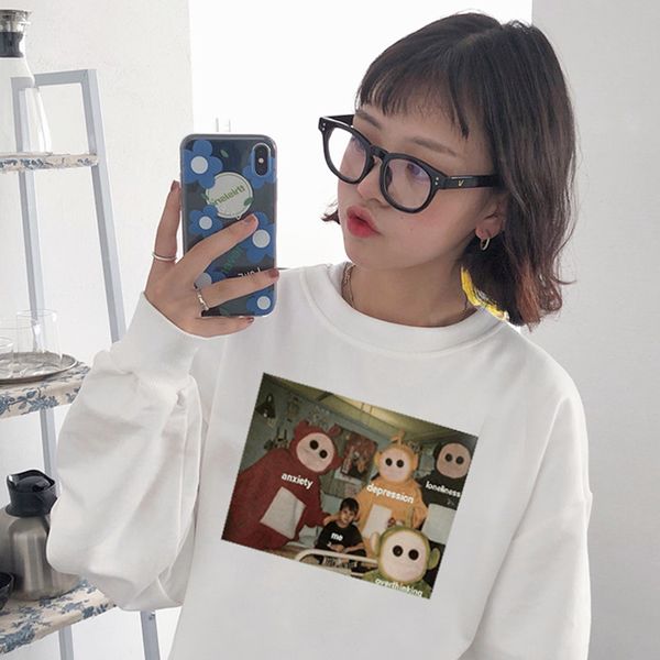 

осень большого размера сыпучие женский мультфильм fun around me тревога депрессия одиночество overthinking casual tops spoof толстовка, Black