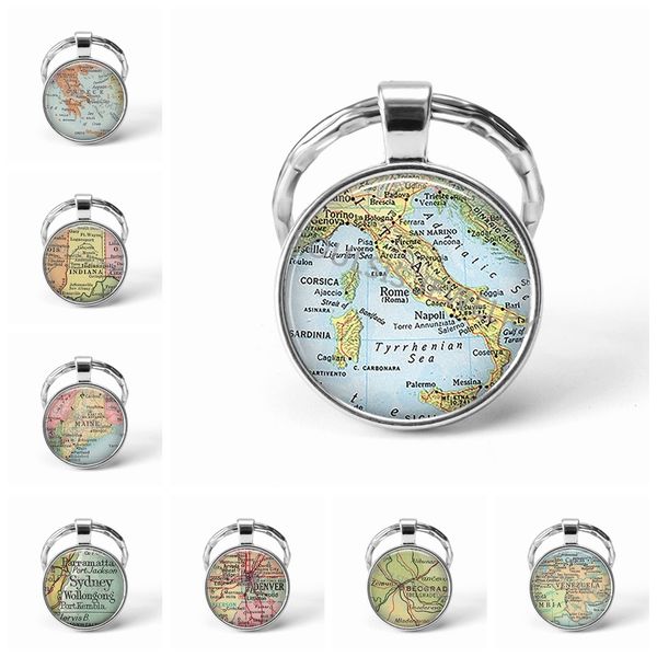 

metal key chains handmade vintage italy world map earth geography key chain glass dome keychains for men women gift, Slivery;golden