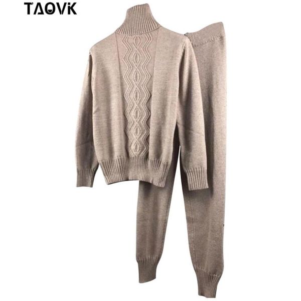 

taovk women's winter woolen and cashmere knitted suit turtleneck sweater and trouser two-piece set knit costume, White