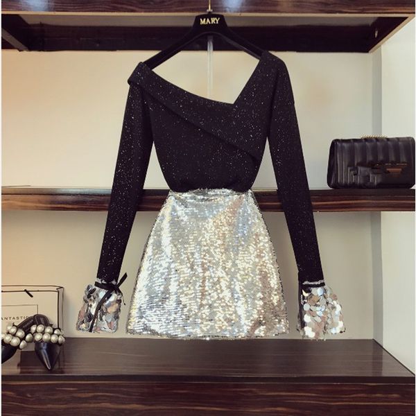 

fashion women's slash neck sequined flare sleeve elastic + sequined bodycon mini skirt two-piece sexy&club skirt set, White