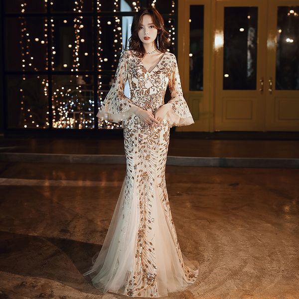 

champagne mermaid evening dress cr369 sequin pattern women party dresses long sleeve robe v-neck elegant vestidos, White;black