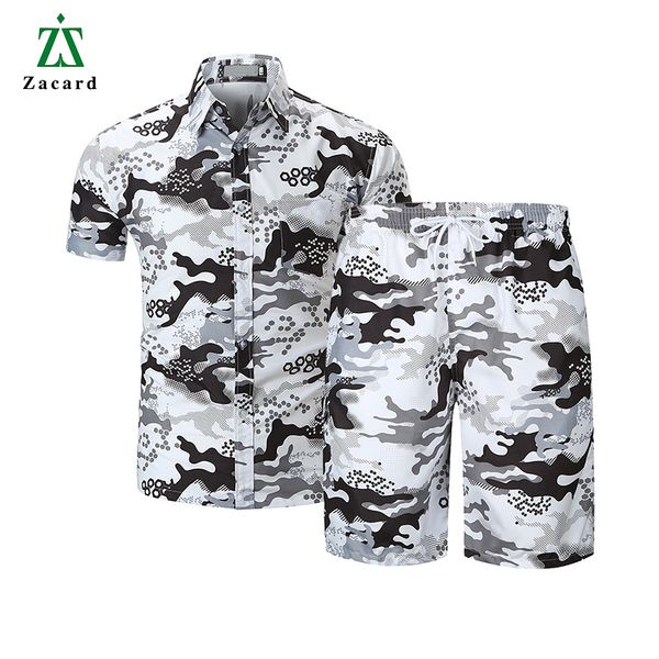 

zacard 2018 men short sleeve shirt loose shorts plus size men's sets turn-down collar men fashion casual suit, Gray