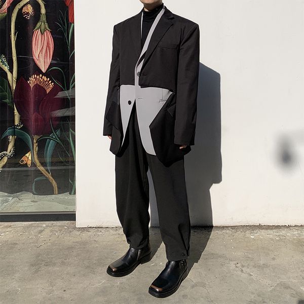 

men invisible zipper split casual suit jacket male japan korea streetwear vintage blazer coat outerwear, White;black