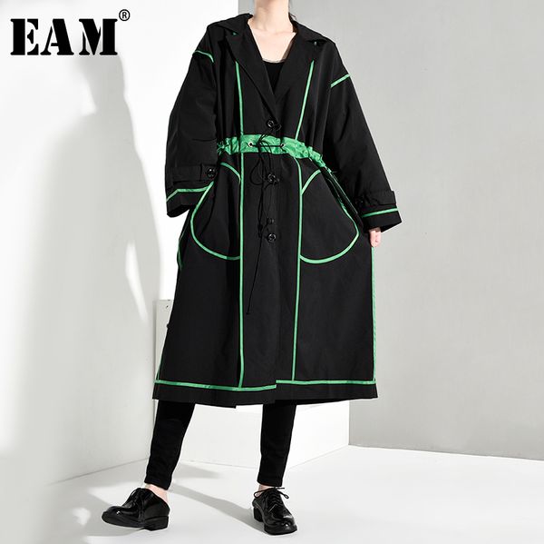 

eam] women line stitch big size drawstring trench new lapel long sleeve loose fit windbreaker fashion autumn winter 2019 1b067, Tan;black