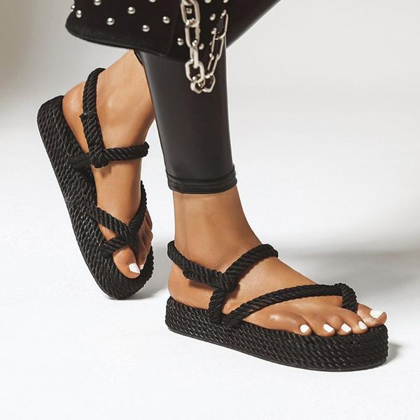 

summer knitted sandals bohemian sandals for women flat linen rope platform female open toe slip-on shoe 2020 dropshipping, Black