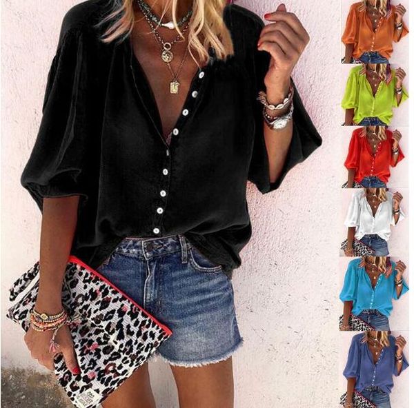 

европейский стиль сплошной цвет с длинными рукавами уличная мода личность v-образным вырезом кнопка женская рубашка несколько цветов доступн, White