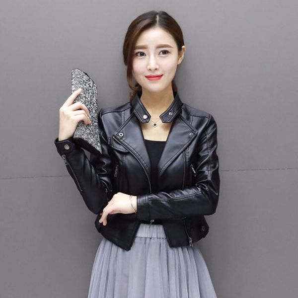

new pink white leather women short slim spring leather jacket pu locomotive korean version of the small jacket, Black