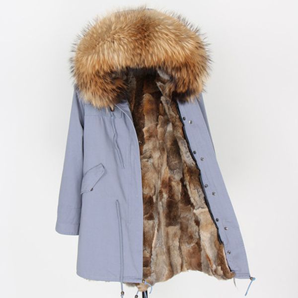 

maomaokong brand women snow coats lavish brown raccoon fur trim hoody brown wild rabbit fur lining grey blue long parkas usa sweden, Black