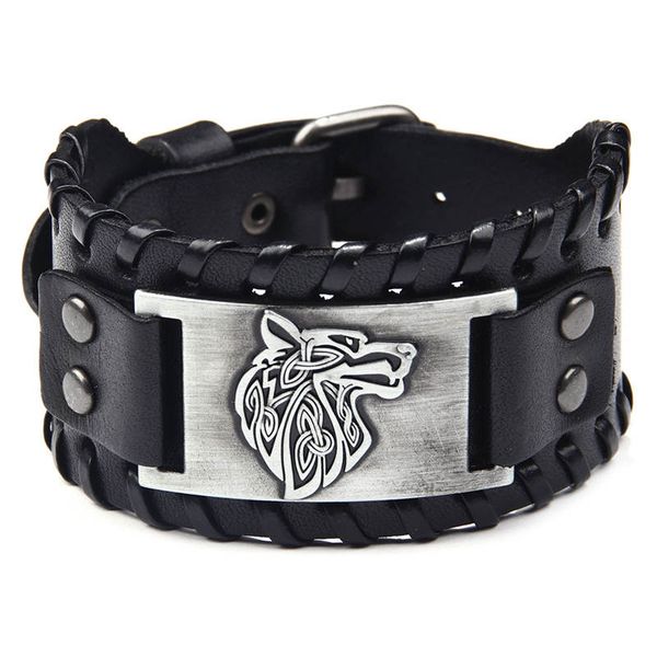 

viking wolf head metal charm leather wide bangle bracelet teen wolf norse adjustable vintage punk bracelets jewelry for men, Golden;silver
