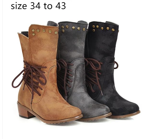 

luxury designer women boots designer booties cowboy boots winter rivet boots side lace up low heels size 34 to 42 43, Black