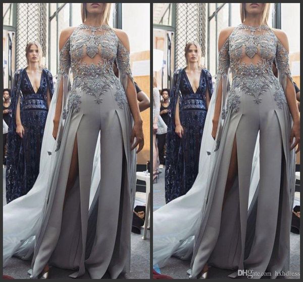 

2020 sheer lace appliques prom suit beading sequined front split women jumpsuit celebrity gown long sleeve evening pageant party gowns, Black;red