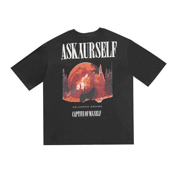 

tide brand designer men luxuryaskyurself wolf tee blood moon wolf type old washed glitter logo letter print short sleeve, White;black