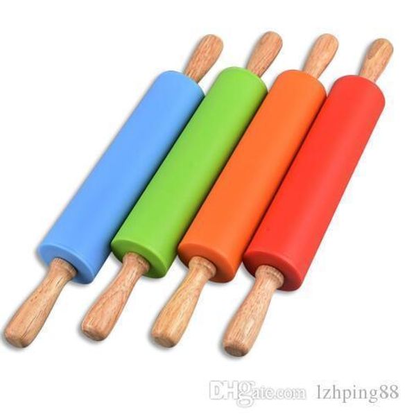 

wooden handle silicone rolling pin dough pastry roller stick for kids baking tools kitchen noodles accessaries random color