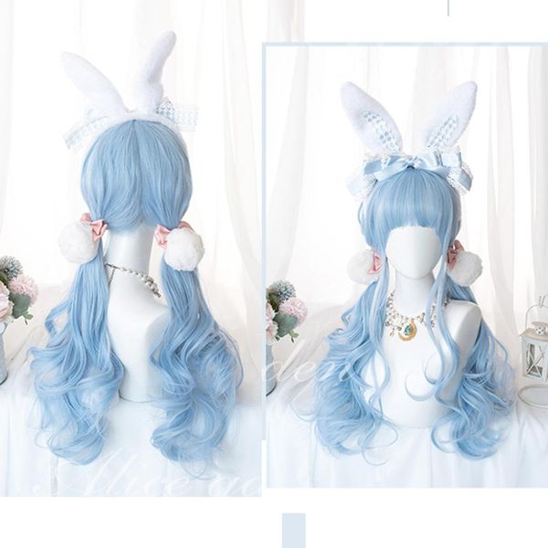 

cosplaymix 70cm halloween christmas party lolita long wave blue cute halloween synthetic hair with bangs women cosplay wig+cap, Black