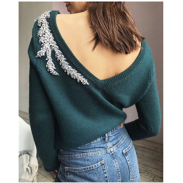 

2019 new women's sweater backless branches nail drill v-neck fashion water velvet knitted sweater women can wear two, White;black