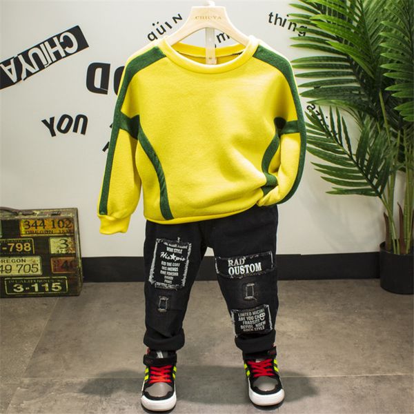 

2-6 years toddler boys clothing sets casual sweatshirt jean baby 2pcs thicken fashion children clothes suits 2020 new arrival, White