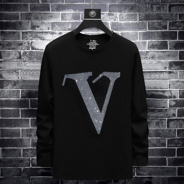

autumn men's rhinestone t-shirt long-sleeved male social spirit guy fat big size compassionate tide spring and autumn clothes t cotton, White;black
