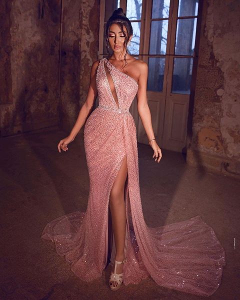 

2020 arabic aso ebi blusj pink evening dresses one shoulder sequined prom dresses high split formal party second reception gowns, Black