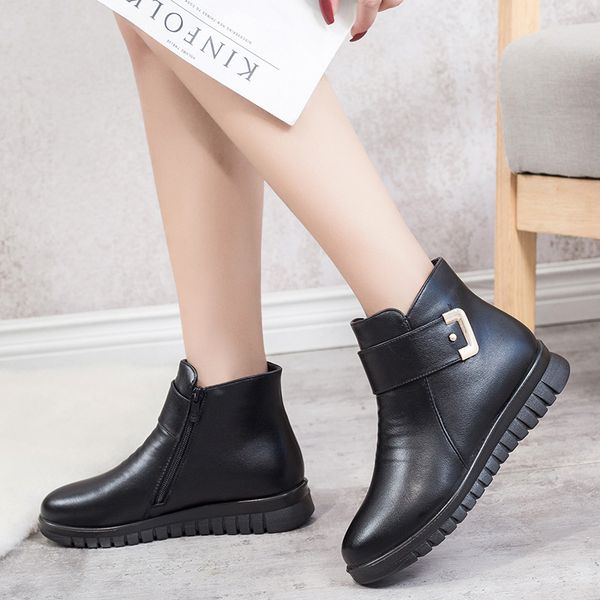 

women's leather boots shoes woman winter shoes zipper round toe low heels booties booties ladies mid calf rubber 2020 flat, Black