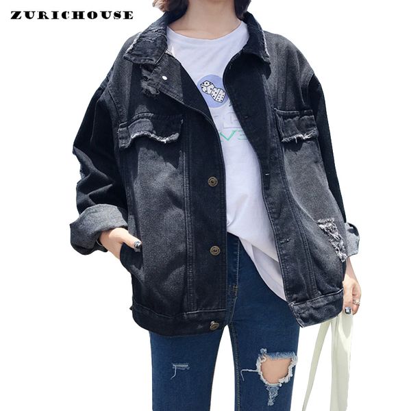 

fashion frayed holes jeans jacket woman spring 2019 new vintage bf style loose casual black denim jacket women casaco feminino, Black;brown