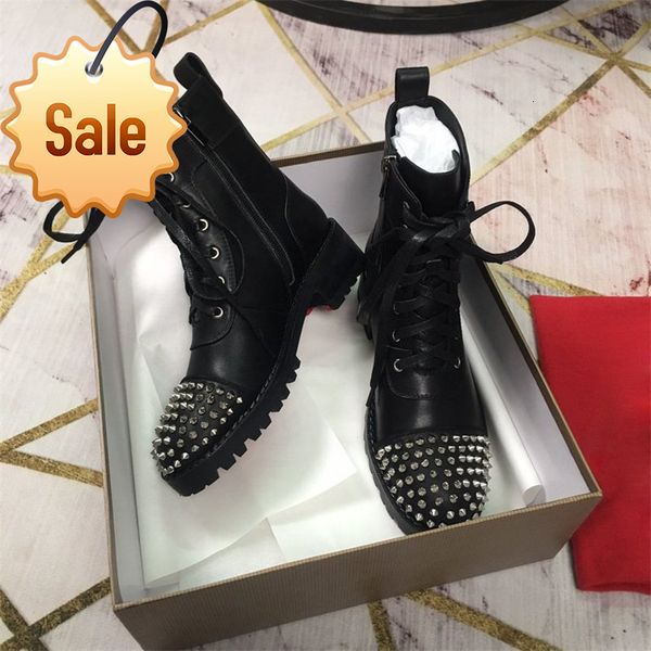 

luxury calfskin martin women leather spikes rivet boot lace up ankle bottom bottes booties au-dessus bottines snow designer boots, Black