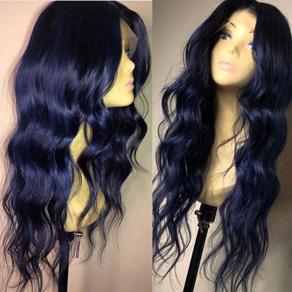 2019 новая мода стиль длинные тела волна кружева фронт парики синий цвет синтетические парики для американских черных женщин термостойкие волосы волокон