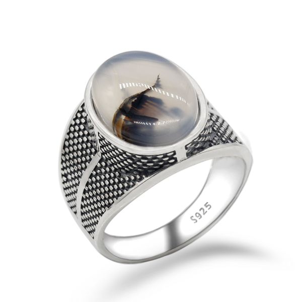 

genuine 925 sterling silver men ring with big natural agate stone retro punk thai silver ring for male female turkish jewelry, Golden;silver