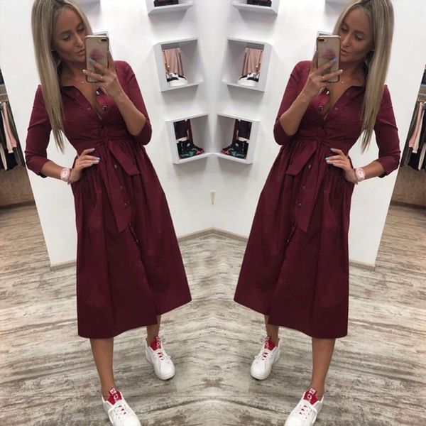 

2019 women casual sashes button a-line dress stand collar seven sleeve elegant party dresses office lady women knee length dress, Black;gray