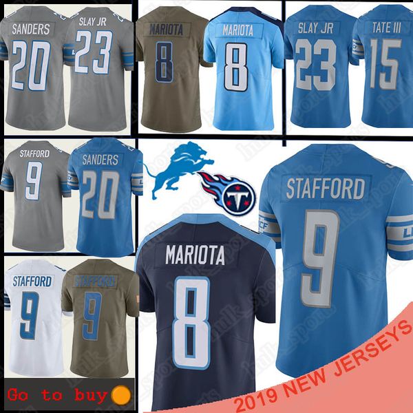 

9 matthew stafford detroit jersey lion 20 barry sanders 8 marcus mariota 15 tate iii 23 slay jr men football jersey t-shirt, Black;red